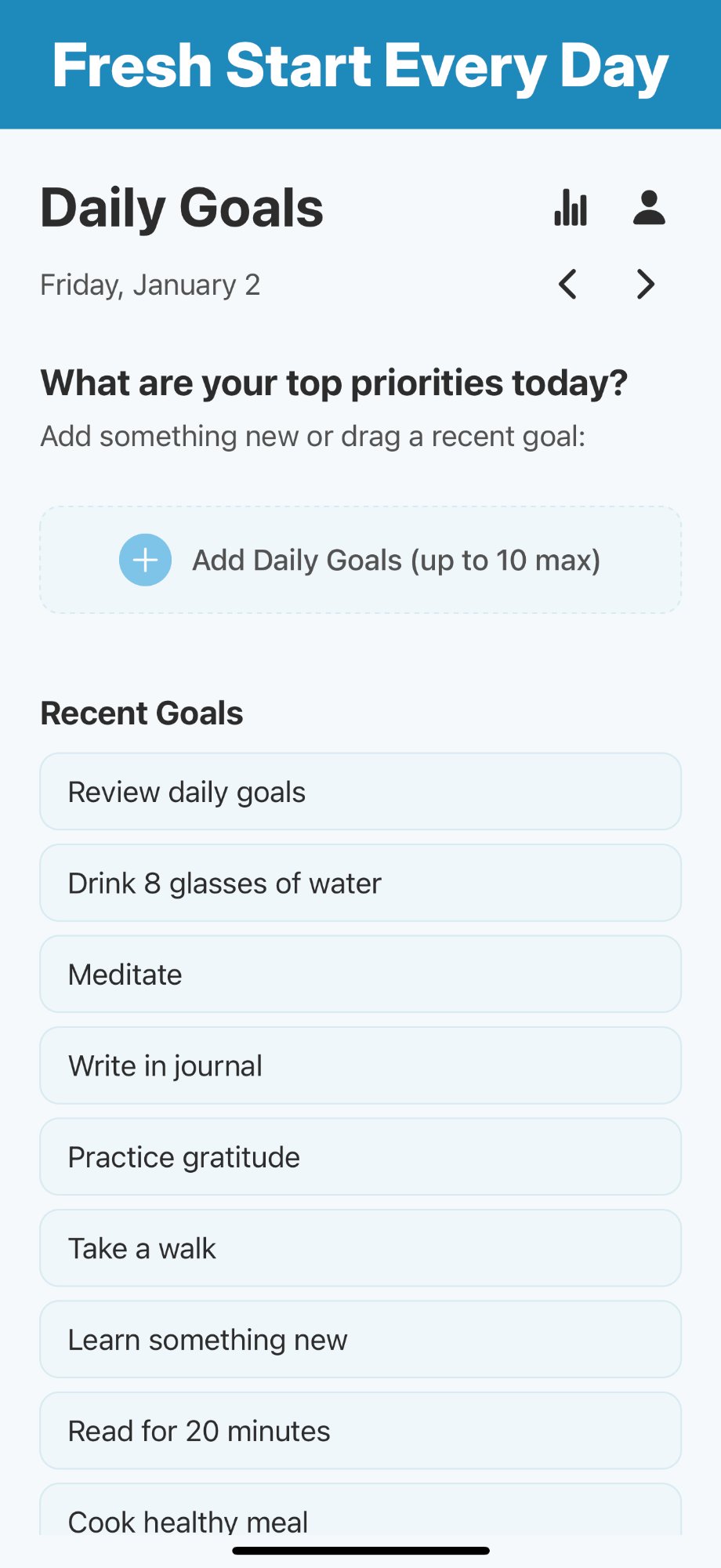 Daily Goals fresh start screen