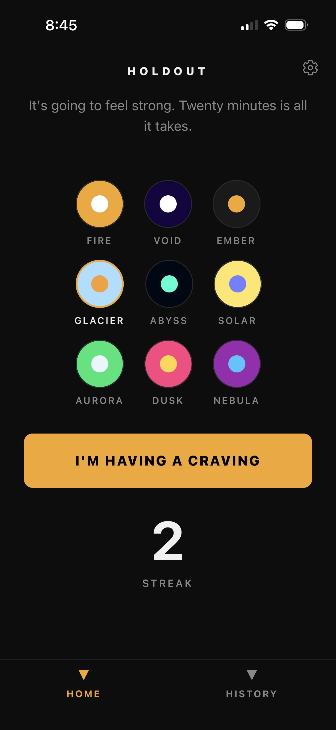 Craving Holdout home screen showing all nine visual theme options