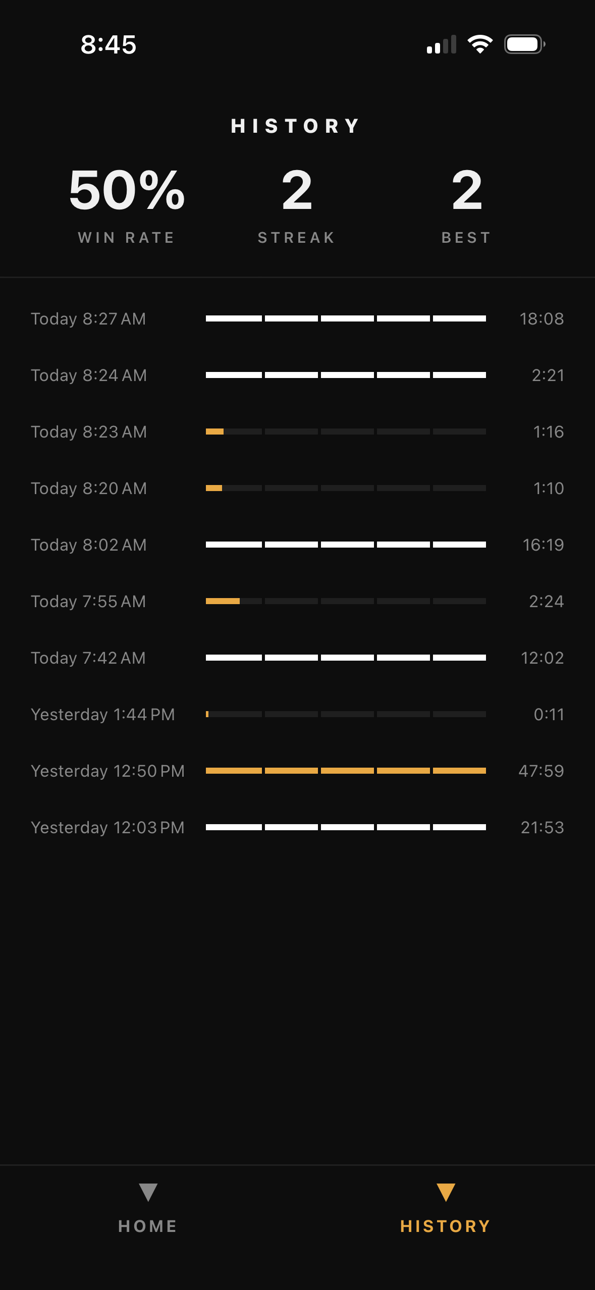 Craving Holdout history screen — win rate, streak, and a log of every session